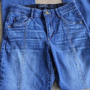 Mac and Me Medium Wash Distress Flare Blue Jeans with Split Slit Hemline Size 2